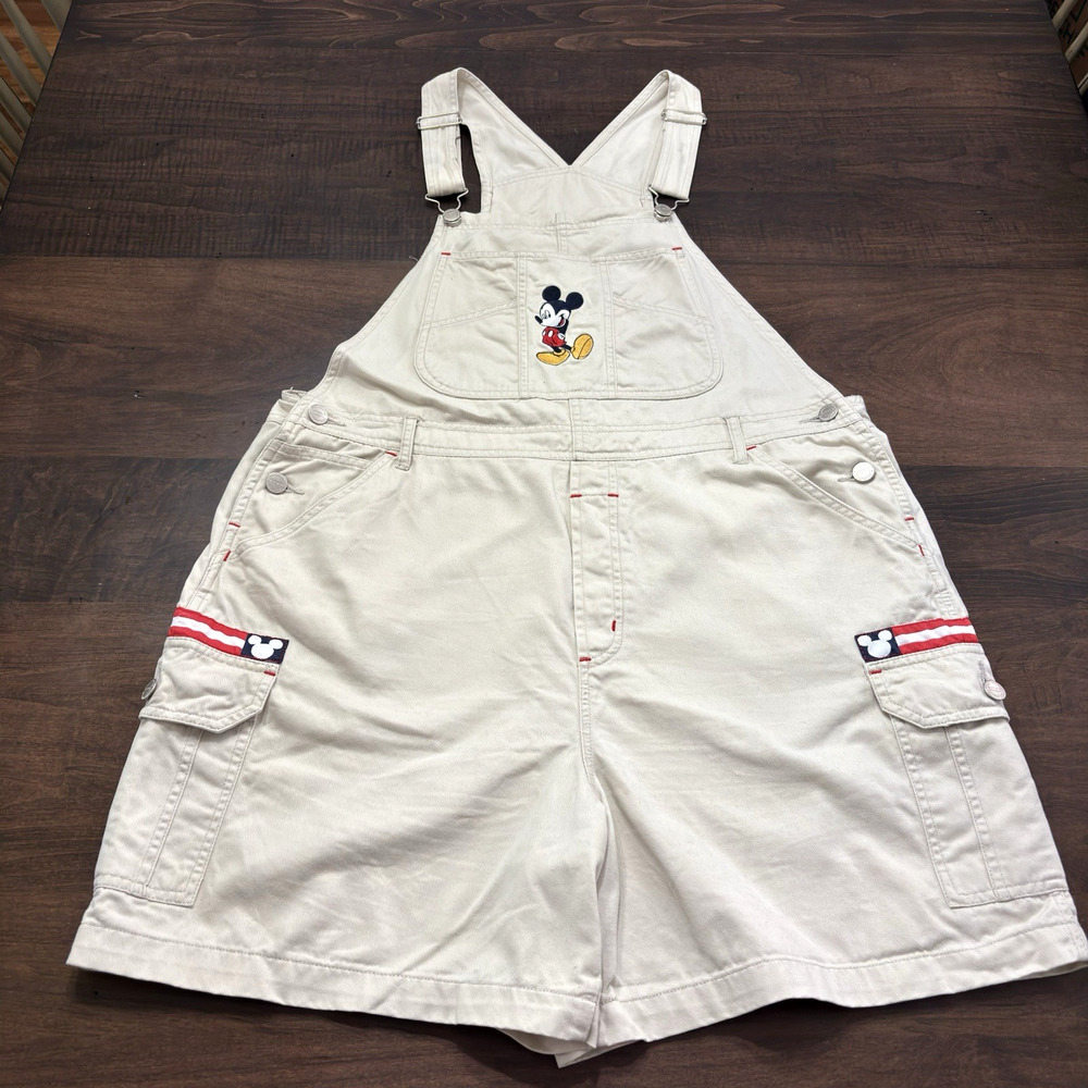Vtg 90s Disney Mickey Mouse Overalls XL Tan Cargo embroidered pockets Adjustable
